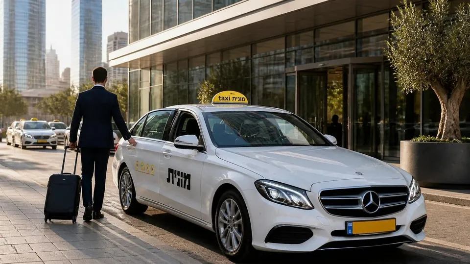 איש עסקים עם מזוודה נכנס למונית מרצדס לבנה מול בניין משרדים