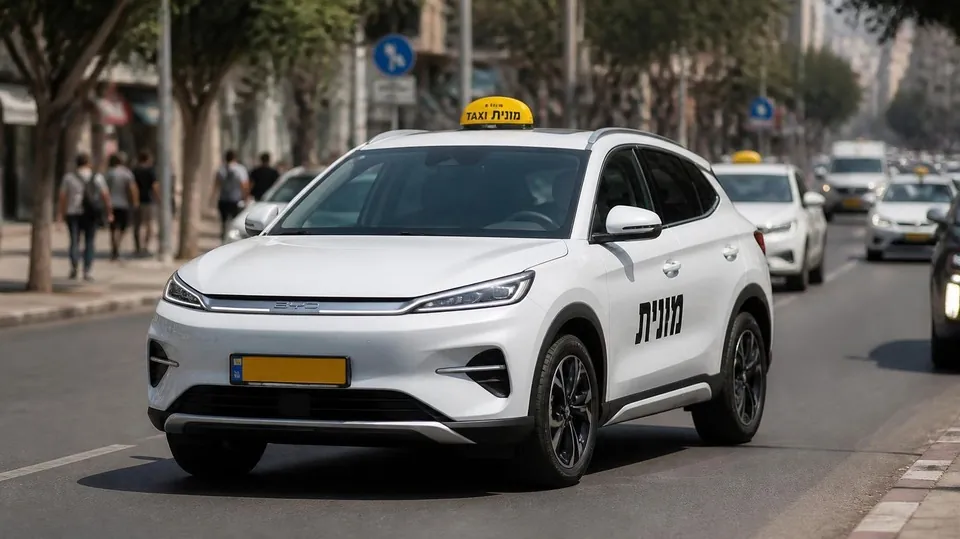 מונית לבנה עם שלט מונית צהוב נוסעת ברחוב עירוני
